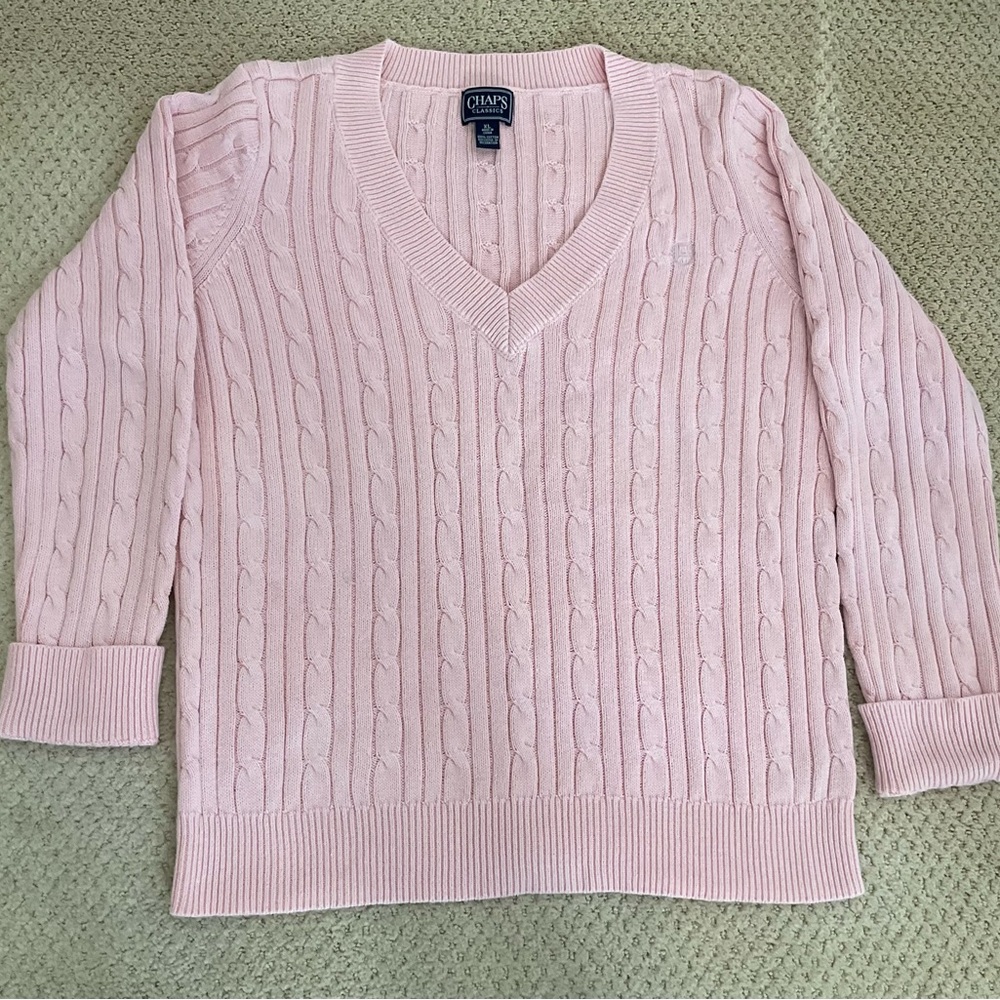 Chaps Classics Cotton Pink V neck cable knit sweater XL preppy